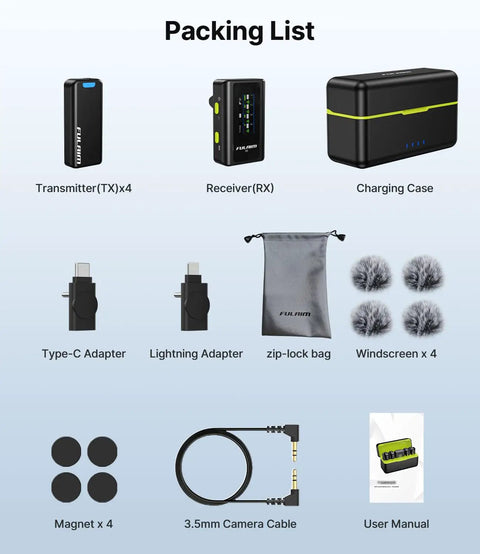 Packing list for 4 Transmitter Wireless Lavalier Microphone System With Charging Case For iPhone iPad Android And Cameras 48kHz 24Bit Audio Intelligent Noise Cancellation Clean Vocals For Video Recording And Vlogging, including adapters and accessories.