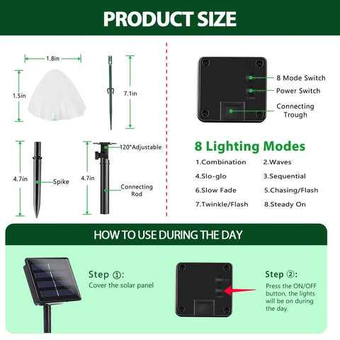 Two Pack 32 LED Mushroom Solar String Lights, 55 Ft Outdoor Waterproof Garden Decoration With 8 Lighting Modes product size guide