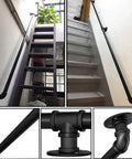 Dead Easy Install Wall Mounted Stair Handrail Industrial Pipe Style Wrought Iron Finish Black railing on indoor stairs.