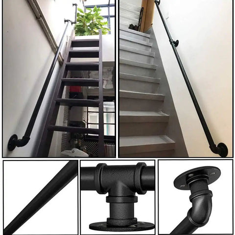 Dead Easy Install Wall Mounted Stair Handrail Industrial Pipe Style Wrought Iron Finish Black railing on indoor stairs.