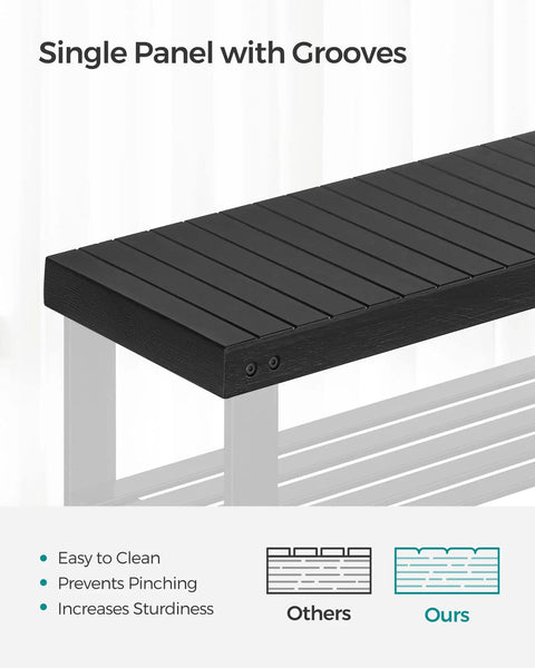 Sturdy Bamboo Shoe Bench With 3 Tier Storage For Entryway Or Bedroom Holds Up To 286 Lb And Keeps Shoes Neatly Tucked On Wide Shelves With A Top Panel For Bags Or Essentials Ink Black showing single grooved panel close-up