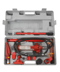 Portable Hydraulic Auto Body Frame Repair Machine Kit With Beefy Dual Cylinder Ram And Rugged Carry Case, tools inside grey case.
