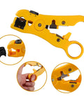 Adjustable Coax Cable Crimp Kit with Stripper and 20 F Compression Connectors for RG6 RG59 RG11, yellow crimping tool details