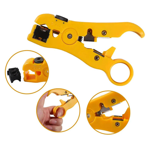 Adjustable Coax Cable Crimp Kit with Stripper and 20 F Compression Connectors for RG6 RG59 RG11, yellow crimping tool details