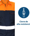 High Visibility Heavy Duty Coverall Tough As Nails Workwear With Reflective Trim showing zipper front and half view of fabric.