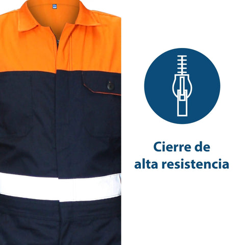 High Visibility Heavy Duty Coverall Tough As Nails Workwear With Reflective Trim showing zipper front and half view of fabric.