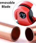 Adjustable Mini Copper Pipe Cutter with removable blade cutting copper tubing, ideal for 3-22 mm tubing, DIY HVAC plumbing use.