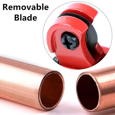 Adjustable Mini Copper Pipe Cutter with removable blade cutting copper tubing, ideal for 3-22 mm tubing, DIY HVAC plumbing use.