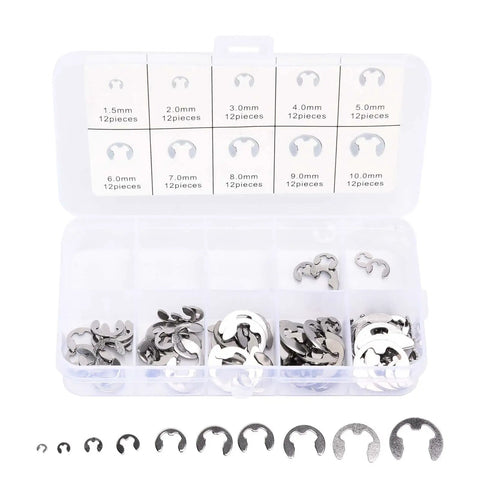 120 Piece Stainless Steel Snap Ring Set For Shaft Positioning And Engine Piston Connecting Rods E Type Retaining Rings Assortment Fits Shafts From 1 5mm To 10mm Heavy Duty 304 Stainless in box