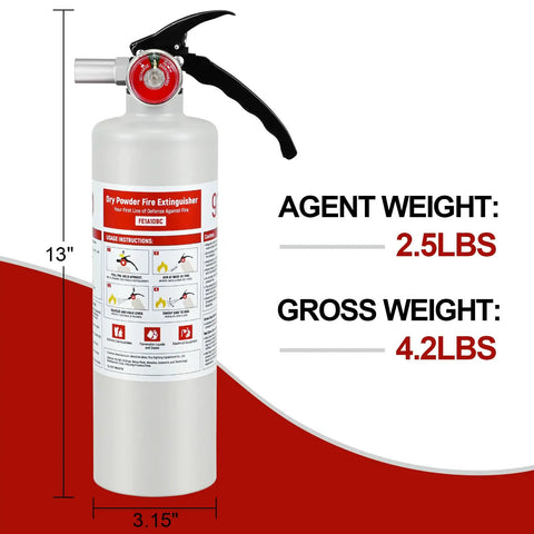 Four Pack Of 2.5 Lb Abc Dry Chemical Fire Extinguishers Rated 1A 10B C showing 2.5 lb extinguisher with usage instructions.