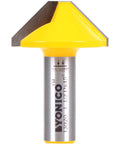 Front view of V Groove Flat Bottom Router Bit One And One Half Inch Diameter One Half Inch Shank Ninety Degree Cut Two Flute Carbide Cutter Pro Grade Tungsten Carbide