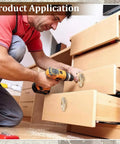 Man installing Sweet Cicada Style Golden Brass Cabinet Knobs Four Pack on wooden drawers using a power drill.