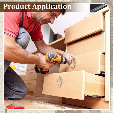 Man installing Sweet Cicada Style Golden Brass Cabinet Knobs Four Pack on wooden drawers using a power drill.
