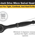 1/4-Inch Drive Micro Swivel Head Ratchet Built Tough, 4-Inch Length, 90-Tooth Reversible Mechanism, side view with text
