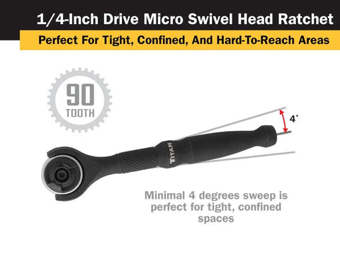 1/4-Inch Drive Micro Swivel Head Ratchet Built Tough, 4-Inch Length, 90-Tooth Reversible Mechanism, side view with text