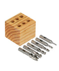 HHIP 4-flute high-speed steel end mill set, 6 pcs, 3/8 in shank, displayed with wooden block