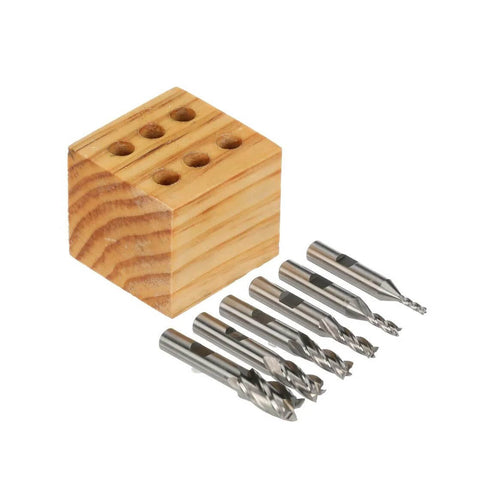 HHIP 4-flute high-speed steel end mill set, 6 pcs, 3/8 in shank, displayed with wooden block