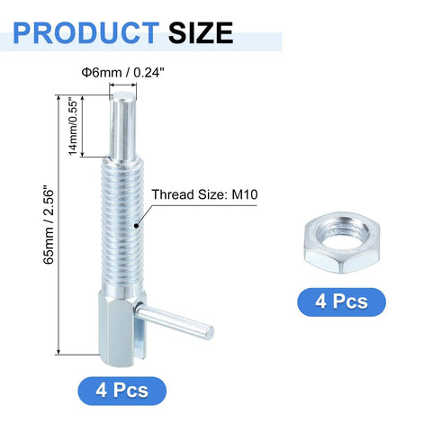 Built Tough Heavy Duty M10 Carbon Steel Plunger Pins Four Pack with size dimensions and nut detail.