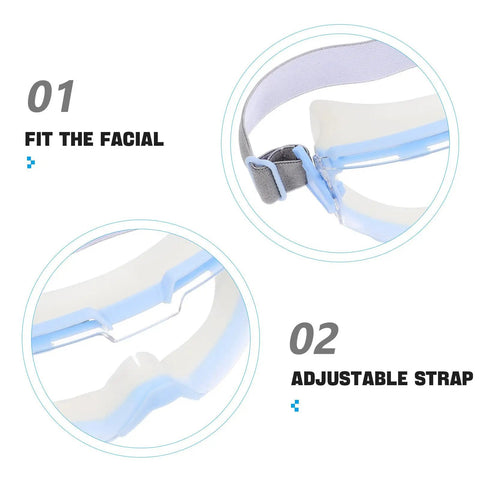 Close-up view of Job Site Ready Blue Industrial Safety Goggles Featuring Impact Resistant Polycarbonate Lenses and Secure Side Shields, showing adjustable strap.