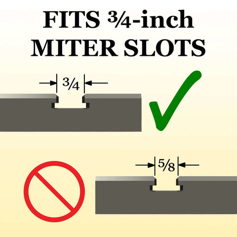 Hedgehog featherboard for table saws; fits 3/4-inch miter slots; instructional diagram shows correct sizing.