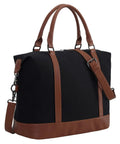 Canvas Travel Tote Bag For Women With Zipper, black and brown weekender duffel style, durable overnight bag with strap and trolley sleeve.