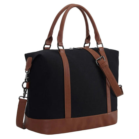 Canvas Travel Tote Bag For Women With Zipper, black and brown weekender duffel style, durable overnight bag with strap and trolley sleeve.