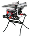 Heavy Duty Compact Table Saw With Patented Skin Contact Safety System And Precision Rack Pinion Fence For Rock Solid Job Site Performance 15 Amp Motor 120 Volt Setup displayed on a stand.