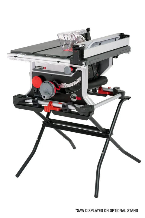 Heavy Duty Compact Table Saw With Patented Skin Contact Safety System And Precision Rack Pinion Fence For Rock Solid Job Site Performance 15 Amp Motor 120 Volt Setup displayed on a stand.