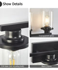 Detailed view of Three Light Matte Black Bathroom Vanity Lights With Clear Glass Shades showing E26 base and anti-rust metal black chassis.