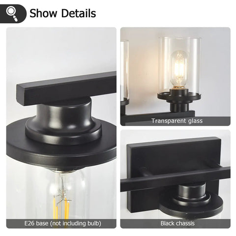 Detailed view of Three Light Matte Black Bathroom Vanity Lights With Clear Glass Shades showing E26 base and anti-rust metal black chassis.