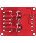 Back view of Two Channel 12V Relay Module With Optocoupler Isolated Trigger, circuit board featuring solder points and red PCB design.