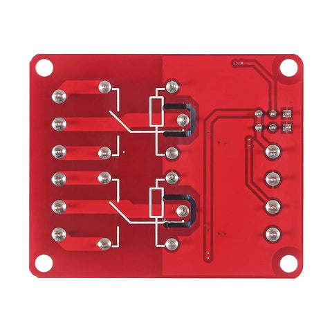 Back view of the Two Channel 5V Relay Module With Optocoupler Isolation And High Or Low Level Trigger, showing circuit pathway.