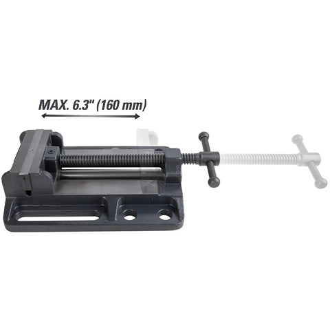 Heavy Duty Drill Press Vise Six Point Three Inch Opening Rock Solid With 3000 Lb Clamping Force Portable Bench Vise shown extended.