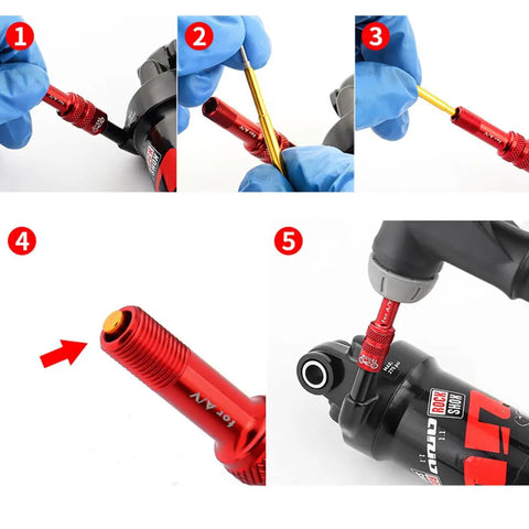 Bicycle Front Fork Valve Adapter For Air Suspension Forks Aluminum Alloy Accessory installation process on mountain bike shock.