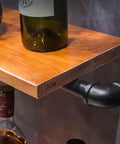 Close-up of vintage metal shelf detail on Industrial Iron Pipe Wine Rack For Home Bar Flex, showcasing solid wood and pipe support.