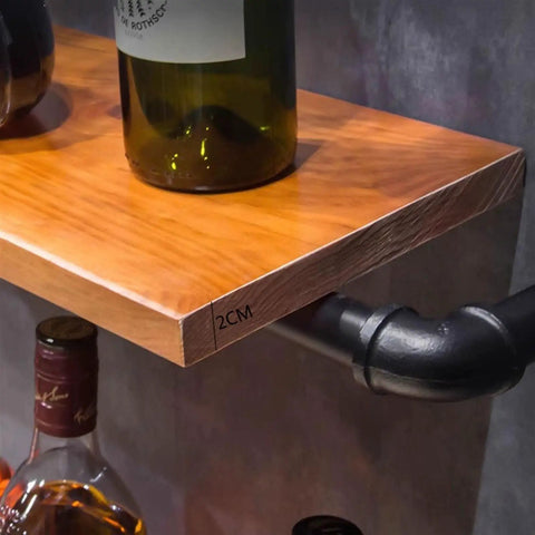 Close-up of vintage metal shelf detail on Industrial Iron Pipe Wine Rack For Home Bar Flex, showcasing solid wood and pipe support.