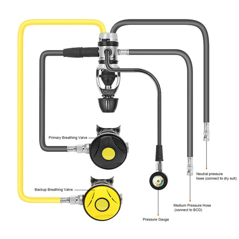 First Stage Scuba Regulator Five Port Chrome Plated Brass Construction Pro Grade Durable Underwater Diving Gear With Smooth Airflow Control For Serious Deep Dives showing connected hoses and valves.