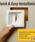 Recessed Low Voltage Media Wall Plate With Built In Duplex Outlet And Cable Management For TV Wall Mounts In White Ultra Slim Profile For Slick Clean Look And Neat Cable Pass Through Hidden Wires shown in installation process