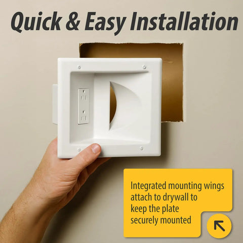 Recessed Low Voltage Media Wall Plate With Built In Duplex Outlet And Cable Management For TV Wall Mounts In White Ultra Slim Profile For Slick Clean Look And Neat Cable Pass Through Hidden Wires shown in installation process