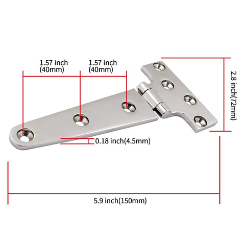 Diagram of a 316 Stainless Steel T Hinge Marine Grade Heavy Duty Boat Hatch Hinge 6 Inch By 3 Inch 150 Mm By 72 Mm with measurements.