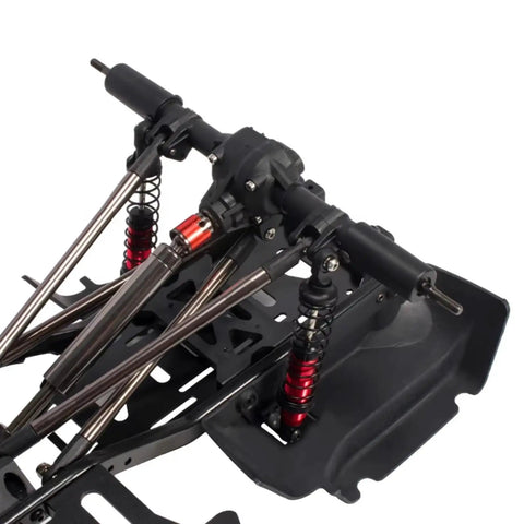 Close-up of Wrangler Style RC Crawler Chassis Frame Kit for SCX10 1 by 10 313mm Wheelbase suspension and rock sliders