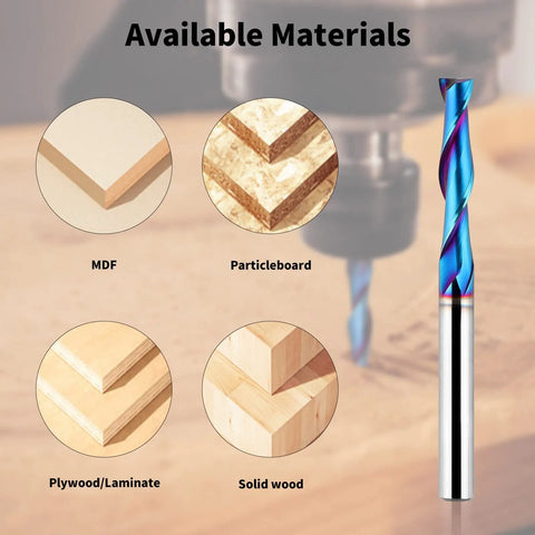 5-Piece Upcut Spiral Router Bit Set 1 Quarter Inch Shank, 1 Quarter Inch Cutting Diameter, 3 Inch Overall Length, Solid Carbide with Nano Blue Coating for Wood Cutting and Carving on CNC Routers