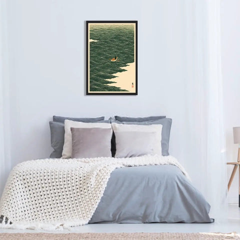 Black Framed Japanese Style Rowing Boat Ocean Waves Poster Canvas Print Art Vintage Minimalist Aesthetic Wall Decor For Living Room Bedroom Office Dope Home Accent