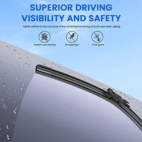 Smart Fortwo All Season Windshield Wiper Blade Replacement Set 2007 Through 2014 Badass Heavy Duty Rubber Beam Design close-up on windshield with water droplets.