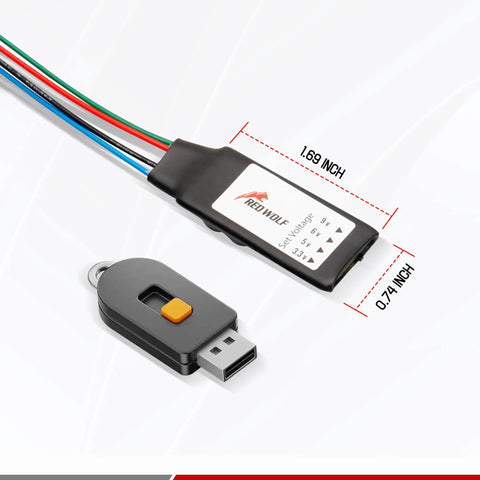 DC 12V To 3.3V 5V 6V 9V Step Down Voltage Regulator For Cars And Trucks 2A Max Output, compact design with cable and USB.