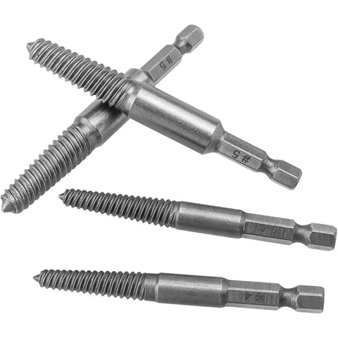 10 Piece Broken Screw Extractor Set For Stripped Screws And Busted Bolts Drill Bit Kit With Quarter Inch Hex Shank Easy Out Remover Includes Five Sizes One To Five For Fastener Extraction shown in steel close-up view.