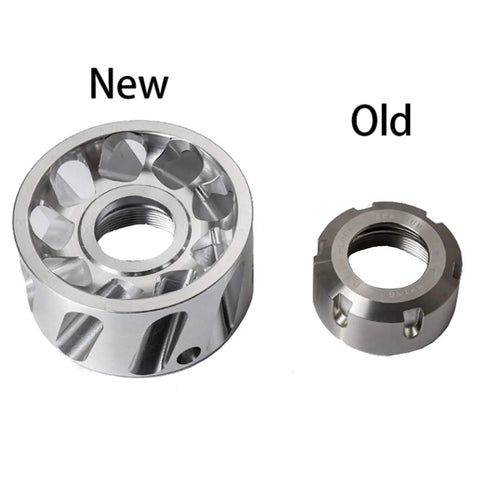 Comparison of new and old ER32 Dust Chip Extraction Nut for woodworking CNC milling tools, highlighting size and design differences.