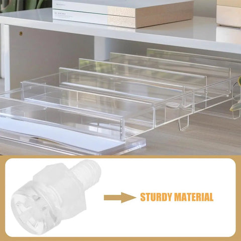 Acrylic storage dividers under shelf, durable material illustrated in insert.
