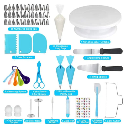 Complete Dope 104 Piece Cake Decorating Tool Set With Turntable Piping Tips Scrapers Molds And Bag Caps displayed