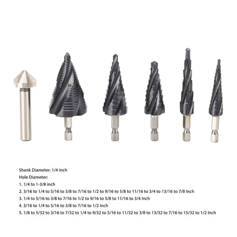 Heavy Duty Step Drill Bit Set With 4 Spiral Flutes And M35 Cobalt HSS For Metal Wood Plastic Drilling Smooth Cut Stainless Steel Aluminum Hex Shank, 5 bits